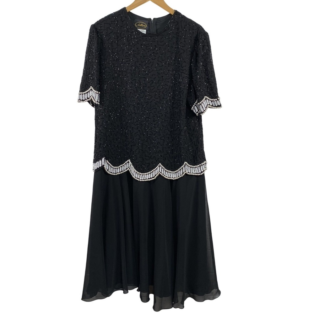 Allure‎ Dress Womens 1X Black Beaded Sequin Pearl Trim Short Sleeve Midi Formal